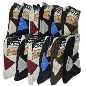 Men Wool Socks Lamb Wool Warm Winter Crew Socks Argyle Pattern 10-13 12-PACK NWT